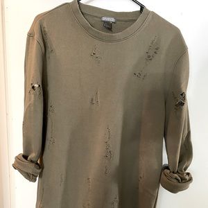 Army green distressed crew neck long
